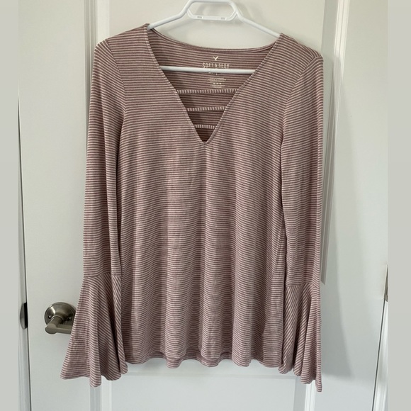 American Eagle Soft&Sexy Striped Bell Sleeve Top - Picture 2 of 5